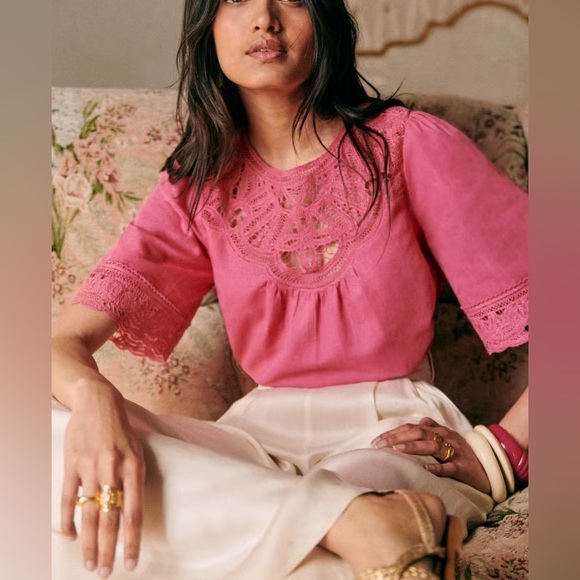 Sezane Tops - Sezane Pink Lace-Detail Cotton Top